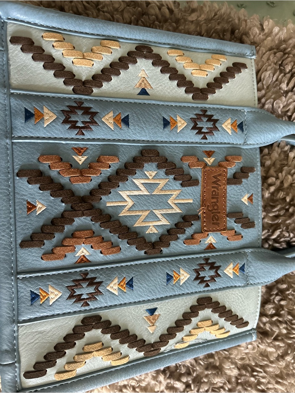 Wrangler Light Blue Embroidered Aztec Tote with Brown Accents